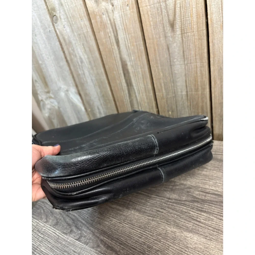 Vintage Black Leather Fold Out Messenger Bag Multi Pocket‎ Travel Case Handbag